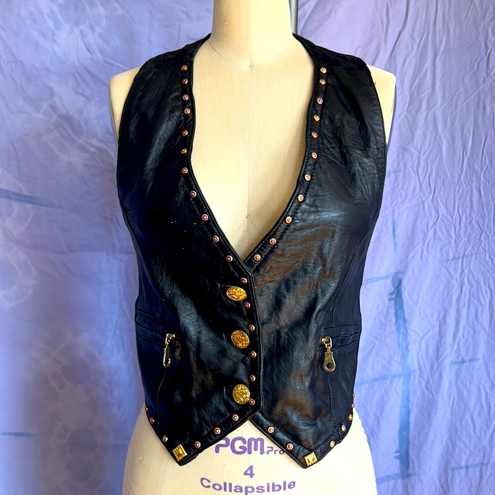 BEYOND LEATHER black halter vest with gold details